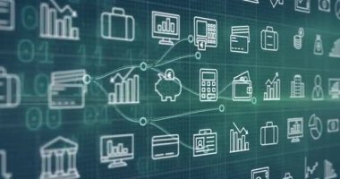 İşaret fişeği taraması başlıyor, ikon ızgarası kayıyor, düğümler titreşiyor, domuz monitörü finans akışını gösteriyor. Dataviz, ağ, glifler, parallax, teal, soyut, fütüristik