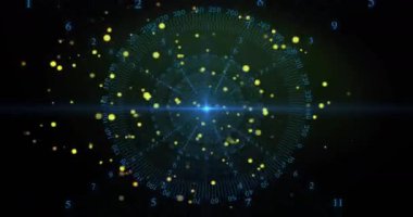 Merkez mavi merkez sarı noktalar yayıyor, işaret fişeği oluşuyor numaralandırılmış kene halkası, dönüyor, HUD yerleştiriliyor. Radar, parçacıklar, konsantre, ışıltı, holografik, bilimkurgu, görselleştirme