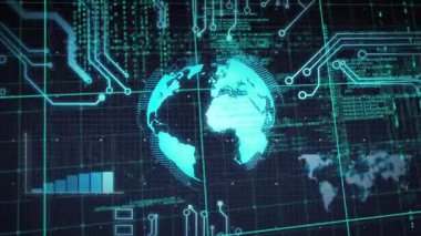 Kod belirdi, gök kubbesinin dönmesine neden oldu, devreler titreşiyor, çubuklar analitik olarak büyüyor. Holografik, gezegen, neon, arıza, gösterge paneli, veri, görselleştirme