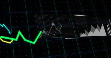Neon yeşil, cyan ve sarı çizgiler sola giriyor, ızgara boyunca ilerliyor, verileri gösteren paneller ortaya çıkıyor. Kontrol paneli, görselleştirme, analitik, fütüristik, kablo çerçevesi, 3d, harita