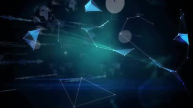 Ağ verilerini entegre eden ve görselleştiren, dönen yüzeyleri oluşturan titreşen düğümler. Holografik, ağ, üçgen, küre, neon, dalga formu, mercek.