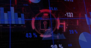 Görünürdeki yüzdeler, neon kırmızı asma kilit darbeleri, genişleyen halkalar, canlı HUD ölçümlerini koruyan. Siber güvenlik, gösterge paneli, veri tabanı, grafikler, mavi, fütürist