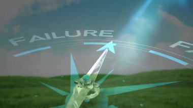 Mavi işaret fişeği, metal pusula iğnesini çalıştırarak SUCCESS 'e dönüyor. Çayır, üst üste, geçiş, açık hava, minimalist, markalaşma, ilerleme