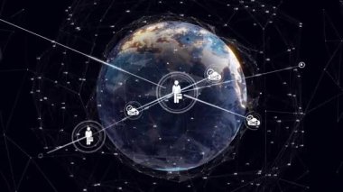 Merkezi kullanıcı simgesi dönen dünyada görünür, çizgiler yayar, yumurtlama düğümleri oluşturur, ağı görselleştirir. Dünya, siluetler, ağ, ızgara, fütürist, dijital, boşluk