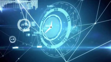 Veri darbesi dairesel HUD döndürme, el süpürme ışınları yayma, ağ verilerini 3 boyutlu haritalama. Siber uzay, arayüz, fütüristik, neon, holografik, kablo çerçevesi,