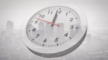 Oyunda beyaz saat yana, kırmızı el saat yönünde süpürüyor, siyah el zaman geçirmek için ilerliyor. Zaman dilimi, analog, şehir manzarası, siluet, gri tonlama, karamsar, minimal