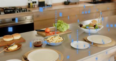 Mutfak adası hareketsiz duruyor, mavi piksel akıntısı görünüyor, çerçeve dürtükleniyor, üst üste demo gösteriliyor. Tezgah, sofra takımı, modern, natürmort, aşçı, yerli, yaşam tarzı