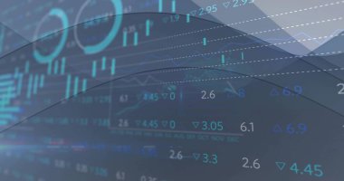 Mavi ile gök mavisi arasında ortalanmış finansal veriler gösteriliyor, sayısal okumalar, şamdanlar gösteriliyor. Gösterge paneli, görselleştirme, soyut, analitik, kılavuz çizgileri, mumlar, kavisler