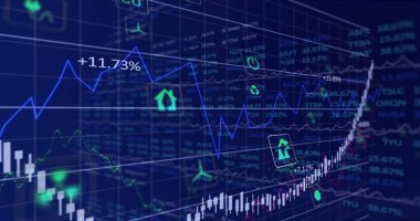 Sektör simgeleriyle birlikte ticari gösterge panelinde yükselen şamdan kümesi ile finansal grafikler gösteriliyor. Pazar, veri, analiz, katmanlı, parıltılı, kılavuz çizgileri, histogram