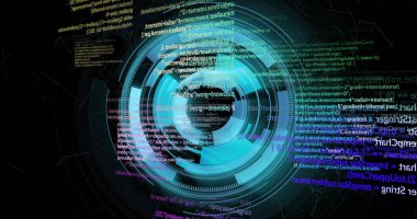 Merkezi HUD 'u döndürerek karanlık alanda eşmerkezli halkalar, kavisler, kod ve kablo düğümleri gösteriliyor. Futurist, arayüz, dataviz, neon, ağ, hareket, telemetri