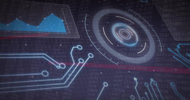 Sanal gösterge panelinde mavi alan grafiği ile eşmerkezli dairesel HUD elementinin titreşimi gösteriliyor. Neon, cyan, siber, devre, arayüz, ızgara, telemetri