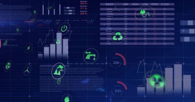 Donanma mavisi veri HUD dikey bar grafikleri, çizgi grafikleri, göstergeler, neon yeşil simgeler gösteriliyor. Kontrol paneli, geleceksel, analitik, görselleştirme, performans, sürdürülebilirlik, izleme