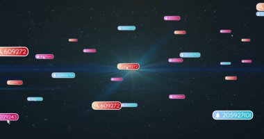 Koyu yıldız alanında parlayan merkezi etiket, büyüteç simgesi ve sayısal kimlik gösteriliyor. Rozet, veri, boşluk, neon, holografik, parıltı, kabartma