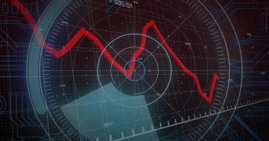 Merkezi radar ızgarası, mavi sektörlü HUD ekranında kırmızı çizgili trend çizgisini gösteriyor. Dataviz, gösterge paneli, arayüz, analitik, telemetri, devre, neon