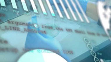 Eldivenli eller, hareket halindeki kaplamalarda petri kabına örnek aktarıyor, analiz için dağıtılıyor. Laboratuvar, araştırma, bilim, deney, kesinlik, veri, grafik