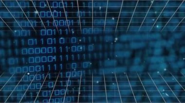 Yavaş kamera kayması 3D kablo şebekesi darbesini başlatıyor, ikili sütun keskinleştiriyor, veri akışını görselleştiriyor. Rakamlar, parlaklık, mavi, holografik, siber, geleceksel, matris