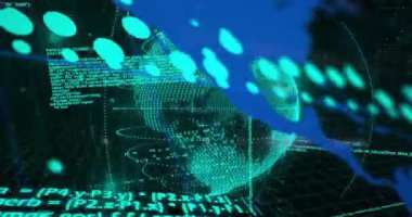 Teal 3D küre dönüyor, mavi fırça süpürmeye başladığında, okumalar beliriyor, verileri görselleştiriyor. Neon, matris, yörünge, ızgara, parçacıklar, ölçüler, görselleştirme