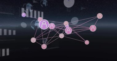 Kamera uzaklaşırken, avatar kümesi içe doğru titreşiyor, grafikler değişiyor, küresel verileri vurguluyor. Ağ, düğümler, küreler, görselleştirme, neon, boşluk, hareket