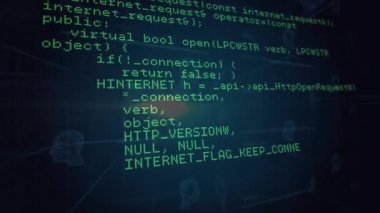 Yavaş tarama yeşil kod kaydırmasını başlatıyor, kırmızı kafa silueti siber güvenliği işaret ediyor. Devre, ızgara, neon, siber uzay, programlama, parallaks, kablo çerçevesi