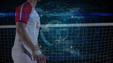 Erkek sporcu matkabı, sağdan topu görüyor, sanal küre ile topu takip ediyor. Futbol, başlık, stadyum, gece, dijital, holografik, dünya