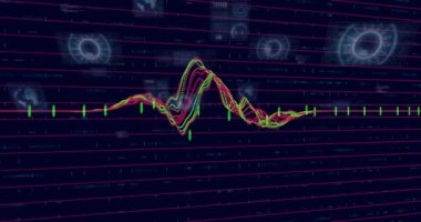 İplikler birleşiyor dalgalar yukarı doğru çöküyor sol tarafa doğru iz bırakıyor Cyan 'ı görselleştiriyor verileri yerleşik hale getiriyor. Dalga biçimi, çok renkli, görselleştirme, hud, ızgara, mor, paneller
