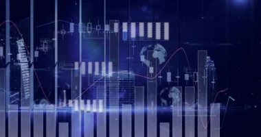 Yükleme panelinde dolgu çubukları, yükselen mumlar, pembe çizgi dalgaları, küresel piyasaları temsil eden. Veri, görselleştirme, gösterge paneli, şehir manzarası, dünya, histogram, neon