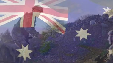 Önde giden asker çiftleşmek için tüfeğini indiriyor, ikisi de ordu için AU bayrağıyla tırmanıyor. İkili, kampanya, sinematik, stok, açık hava, engebeli, yükselmek