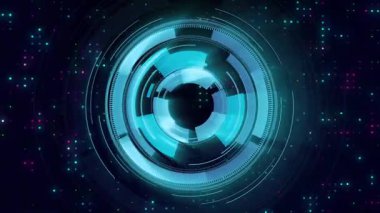 Segmentli cyan halkası ortaya çıkıyor, merkezi HUD grafik birleştirme, döndürme, titreştirme, görselleştirme verileri. Konsantrik, daireler, ekran, arayüz, neon, dijital, matris