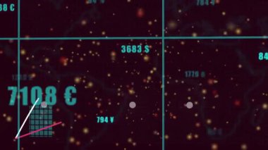 Yüzen para birimi etiketleri finans grafiği büyümesini başlatıyor. Piyasa eğilimini takip eden çizgiler yükseliyor. Veri, gösterge paneli, bilgi tablosu, ızgara, sütunlar, eğriler, parçacıklar
