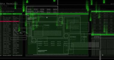 Yeşil basamaklı yağmur taşmaya başlıyor, HUD kümeleri panelleri birleştiriyor ve izleme verileri güncelleniyor. Arayüz, terminal, gösterge paneli, ızgara, matris, telemetri, siber punk