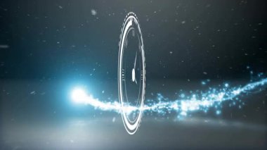 Enerji küresi beliriyor ve dönüyor, halkaları tamamlıyor, dönen parlayan saat motifi oluşturuyor. Holografik, fütüristik, hud, yörünge, parçacık, parlaklık, markalaşma