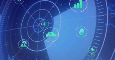 Radar stili HUD mavi süpürme saat yönünde dönüyor, CO2 'yi, arabayı, musluğu vurguluyor ve eko verilerini gösteriyor. Arayüz, ızgara, bilgi, görselleştirme, canlandırma, emisyonlar, sürdürülebilirlik