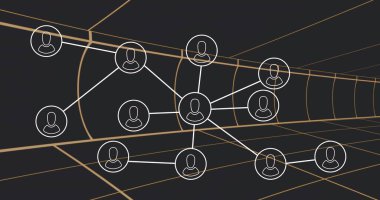 Merkezi merkez avatar düğümünü beyaz düğümlere bağlayan, tüneldeki çizgiler, sağdaki altın şebeke kaybolma noktası. Ağ, bağlantı, soyut, geleceksel, dijital, perspektif, koridor