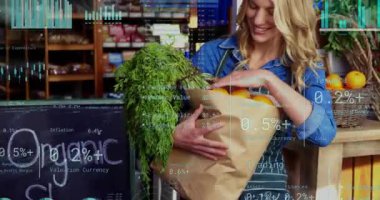 Kadın market tezgahtarı, ellerinin üzerinde HUD çizelgeleriyle alıcıdan poşet alıyor, ürünleri kontrol ediyor ve üretiyor. Satıcı, perakende, organik, turunçgil, sebze, pazar, kırsal