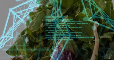 Başlama dizisi, kablo ve kod panelleri yapraklı yeşilliklerin üzerinden kayarak besin verilerinin haritasını çıkarıyor. Üretim, sebze, yaprak, soğan, yaban havucu, kaplama, holografik