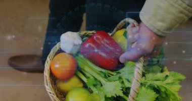 Erkek alışverişçinin elinde bir sepet ürün tutacağı ile dolaşması tarama çizgilerine ve arıza bandına neden oluyor. Pazar, sebze, meyve, dokuma, hareket, sıcak, kırsal