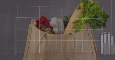 Şebeke görünümü, üst üste 3 boyutlu çubukların büyüdüğünü, zirve yaptığını ve trendleri göstermek için jüt torbasının üzerinde kaybolduğunu gösteriyor. Tote, market, baget, yeşiller, biber, kampanya, minimalist