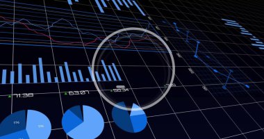 Şeffaf HUD halkasının eğik 3D şebeke düzlemini işaretlemesi, çubuk, pasta, çizgi çizelgelerini gösterir. Gösterge paneli, analiz, veri, görselleştirme, ölçüler, mavi, dijital