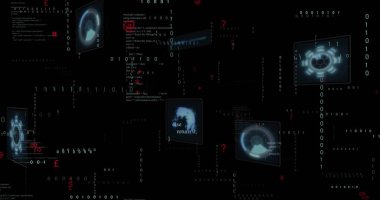 Yüksek çözünürlüklü ekranlar ikili kod yayınlıyor, aksi takdirde siber uzayda kırmızı sembollerle 0 'ı geri getir. Cyberpunk, digital, interface, matrix, data, stream, neon