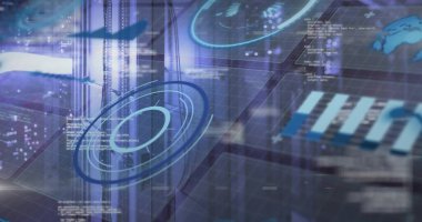 Veri merkezinin üzerinde eşmerkezli halkalar ve ızgara kaplamalı holografik dairesel HUD görüntüleniyor. Gelecekçi, analitik, arayüz, gösterge paneli, sunucular, çalışma istasyonu, neon