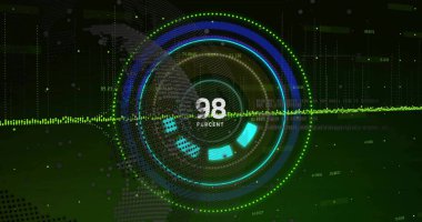 Gelecekteki gösterge panelinde merkezi dairesel HUD titreşimleri gösteriliyor,% 98 oranında KBB ve segmentli kavisler gösteriliyor. Görselleştirme, neon, siber punk, arayüz, kılavuz çizgileri, dünya haritası, parçacıklar