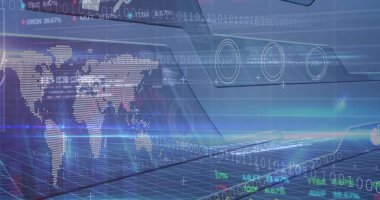 Bilgisayar klavyesinin üzerine holografik noktalı dünya haritası ve ikili kod yansıtılıyor, veri örtülerini gösteriyor. Arayüz, geleceksel, gösterge paneli, analitik, görselleştirme, neon, ızgara