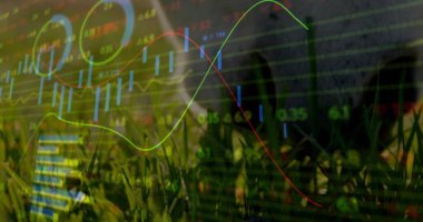 Gündüzleri çimen alanının üzerinde açık bir şamdan çizelgesi göstererek, ses çubukları ve kene etiketlerini göstererek. Çifte pozlama, bileşim, piyasa, finans, analitik, büyüme, açık hava