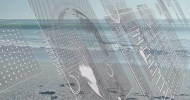 Kumlu sahilde hayalet benzeri bir siluet, ceket kulaklığı takıyor, yüzen yapay zeka, parmak izleri gösteriyor. Sahil, sahil, üst üste, arayüz, yarı saydam, veri tabanı, minimalist