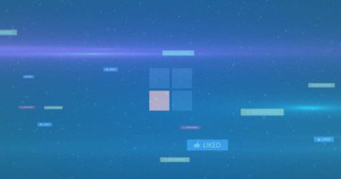 Yüzen dört camlı şeffaf ızgara, mavi LIKED rozetli pembe pencereyi dijital arayüzde gösteriyor. Gradyan, neon, soyut, minimalist, kare, merkez, yıldızlar