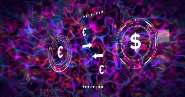 Avro, dolar simgeleri ve okları gösteren dijital finans sahnesinde yüzen para birimi HUD 'leri gösteriliyor. Neon, dalgalar, arayüz, fütüristik, önx, değişim, ışıltı