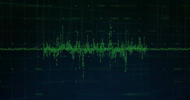 Ekran ızgarası boyunca merkezi neon-yeşil dalga formu gösteriliyor, sayısal etiketler ve noktalar gösteriliyor. Neon, spektrum, ekran, veri, gösterge paneli, görselleştirme, dijital