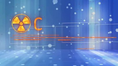 Tehlike önleyici folyonun ortaya çıkması, uyarı başlığının genişlemesi ve altyazının harekete geçmesini tetiklemesi. Sahne, sembol, uyarı, hareket, bokeh, mavi, neon