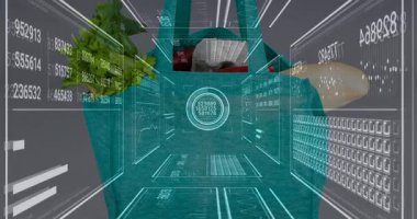 Cyan kablo HUD başlatılırken etkinleştiriliyor, deniz mavisi taşıma araçları içeriği taranıyor ve perakende şemaları güncelleniyor. Poşet, baget, sebze, bakkal, kaplama, ekran, veri