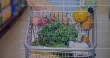 Perakende çizelgeleri canlandırmaya başladıktan sonra el arabasının üzerinde lahana ve elma kaplamaları beliriyor. Üretim, süpermarket, yeşiller, ananas, çanta, raf, koridor